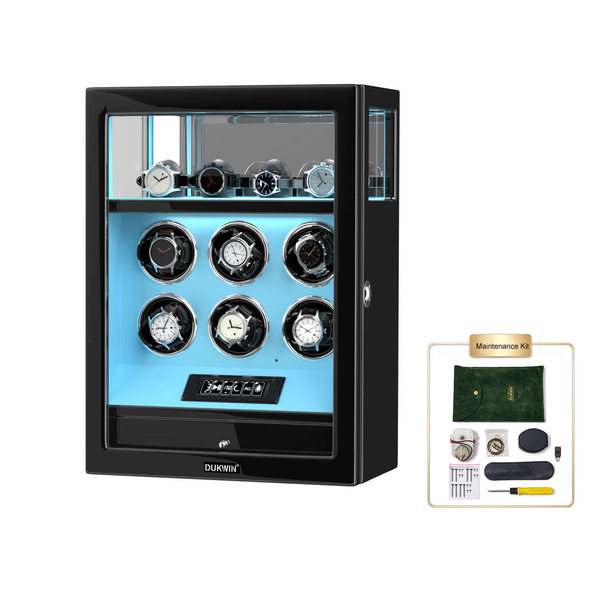 Fingerprint Lock 6 Watch Winders with Extra Watches Storage LCD Remote Control - Tiffany Blue