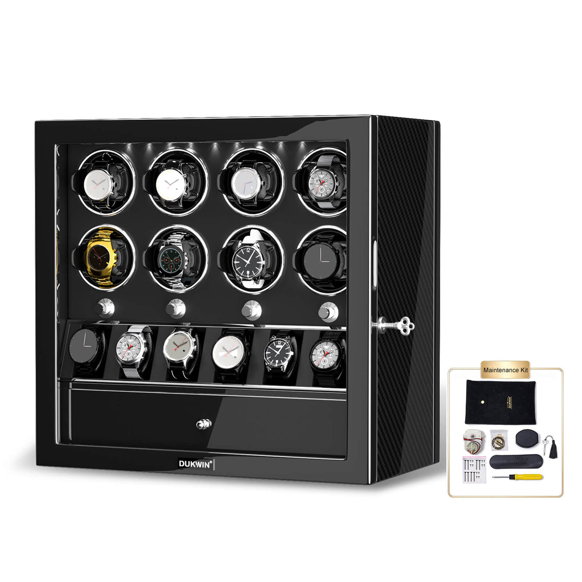 8 caricaorologi per orologi automatici con 6 custodie organizer - fibra di carbonio