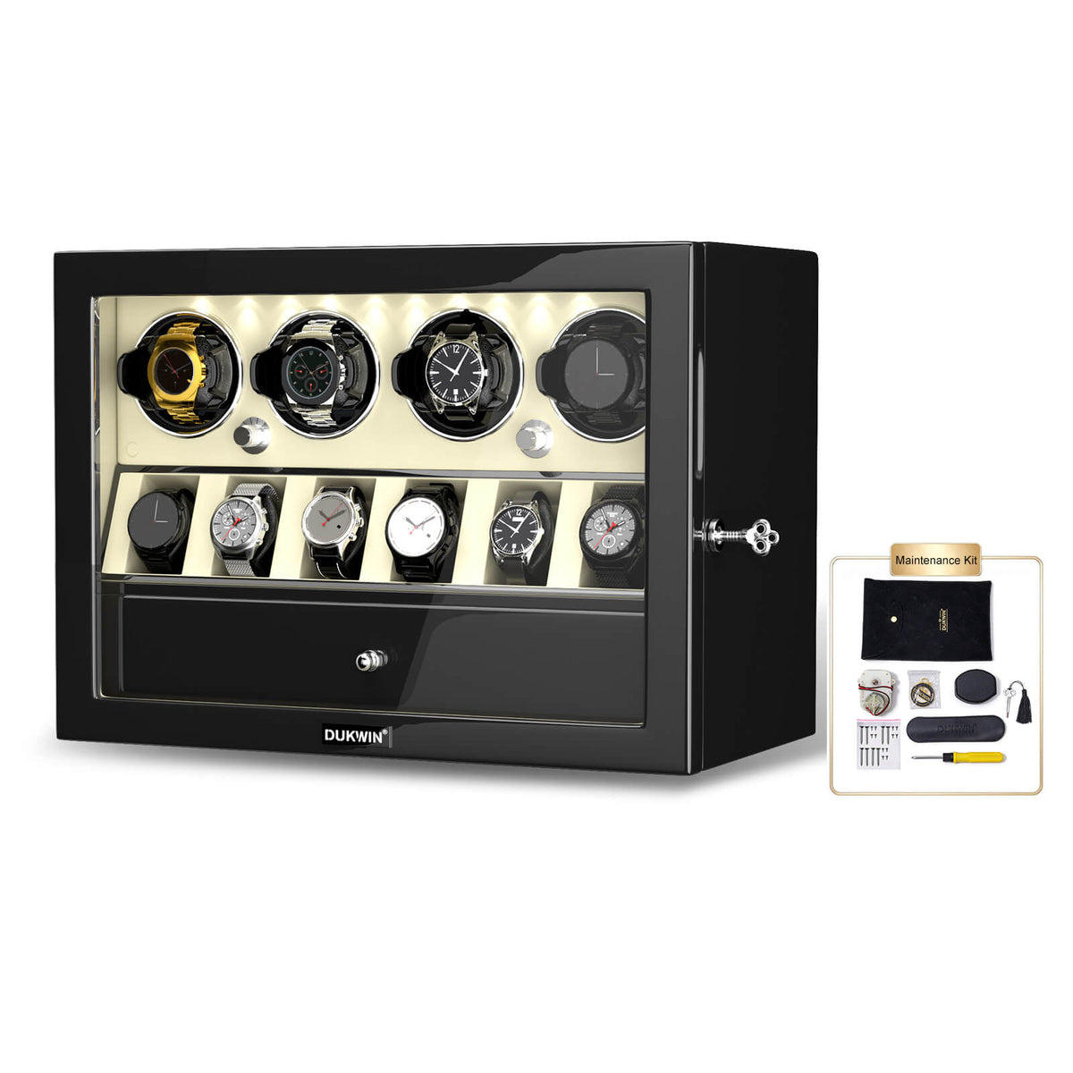 4 remontoirs de montres pour montres automatiques avec organisateur d'affichage de 6 montres - Blanc cassé