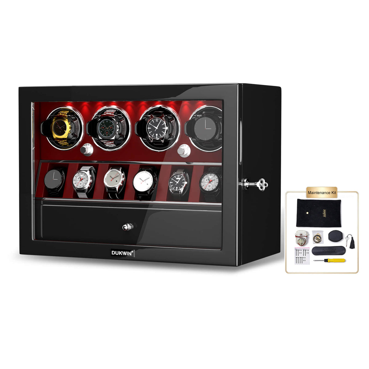 4 remontoirs de montres pour montres automatiques avec organisateur d'affichage de 6 montres - Rouge