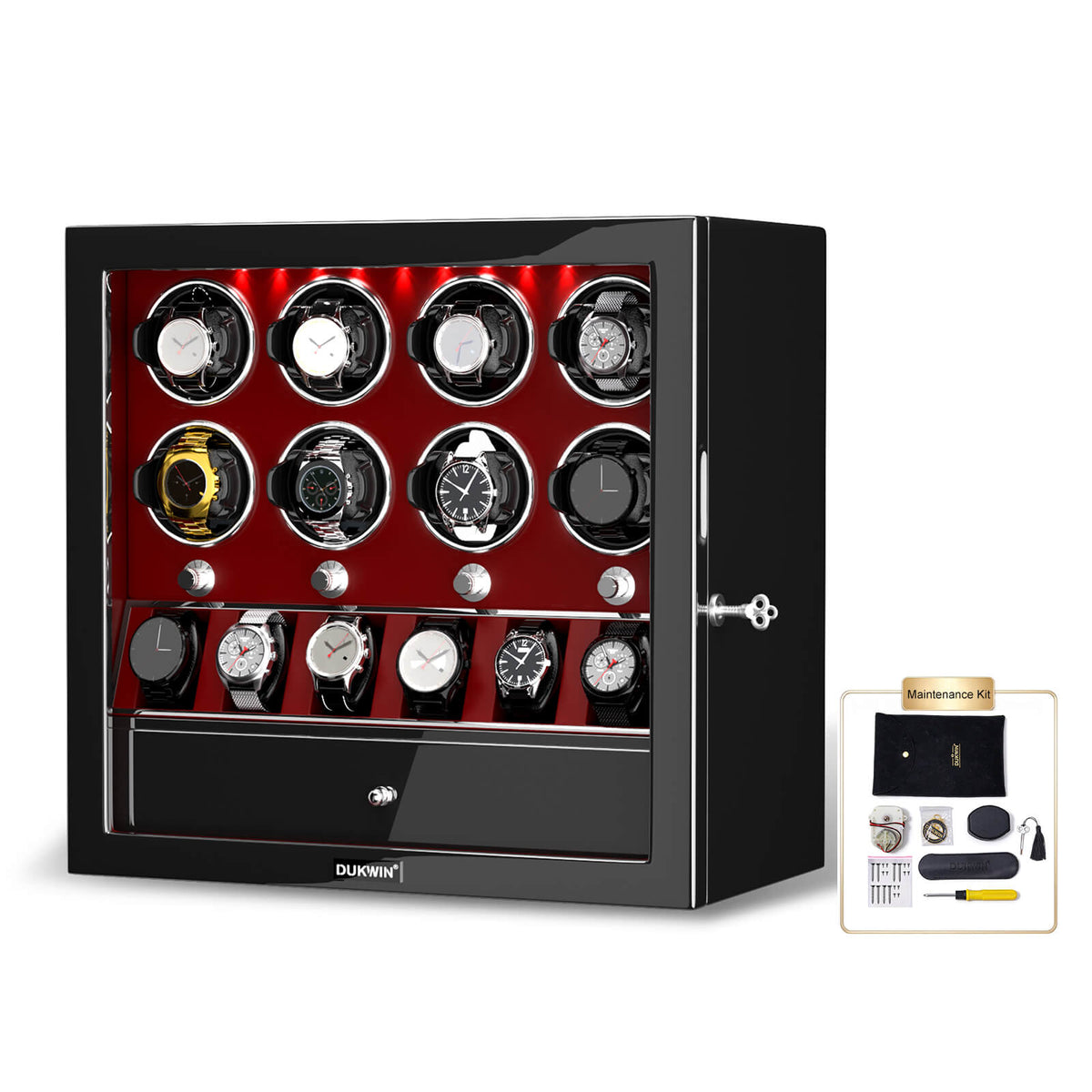 8 Remontoirs De Montres Avec 6 Montres Organisateur Cas Rotation Automatique - Rouge