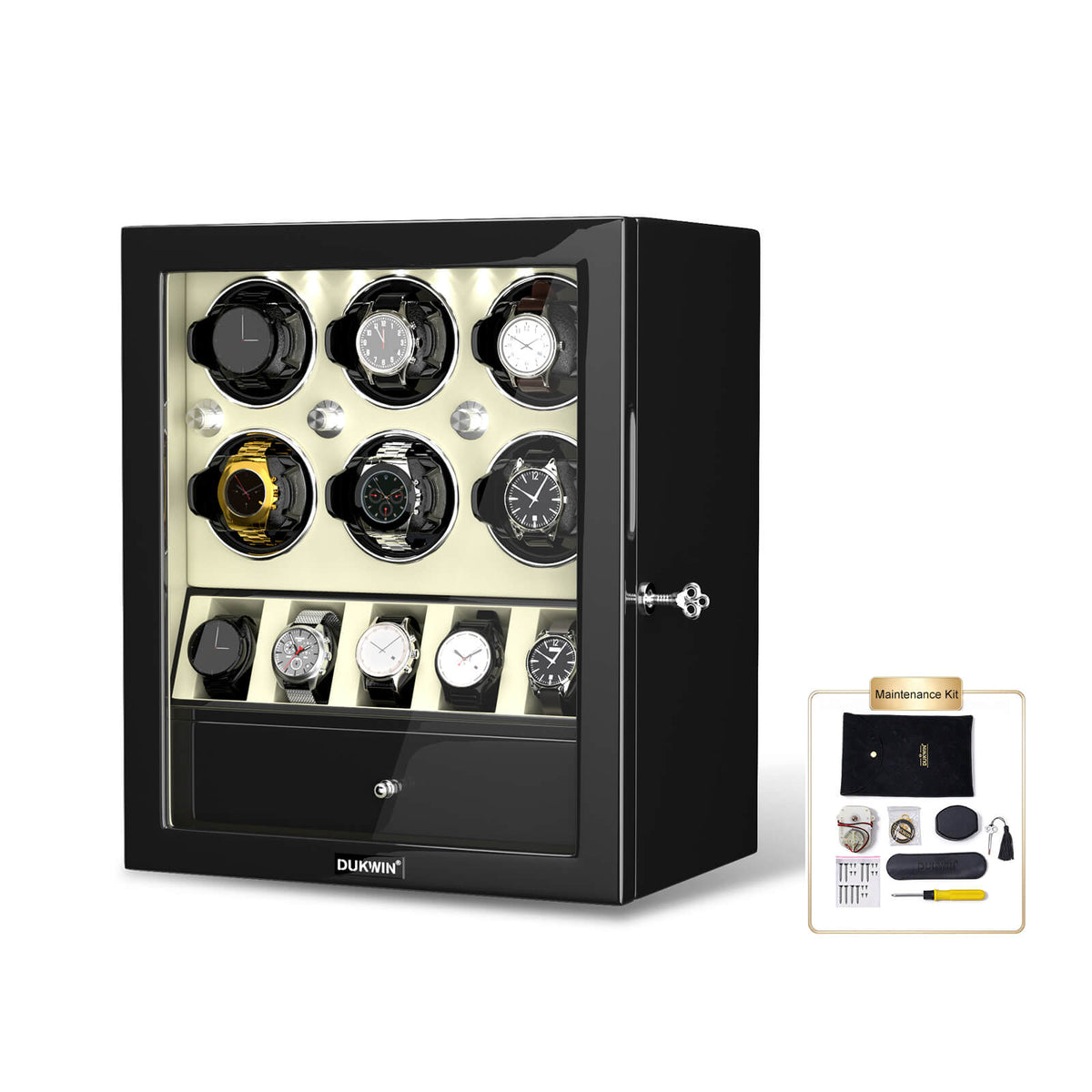 Classic 6 Watch Winders for Automatic Watches with 5 Watches Display Organizer - Off White