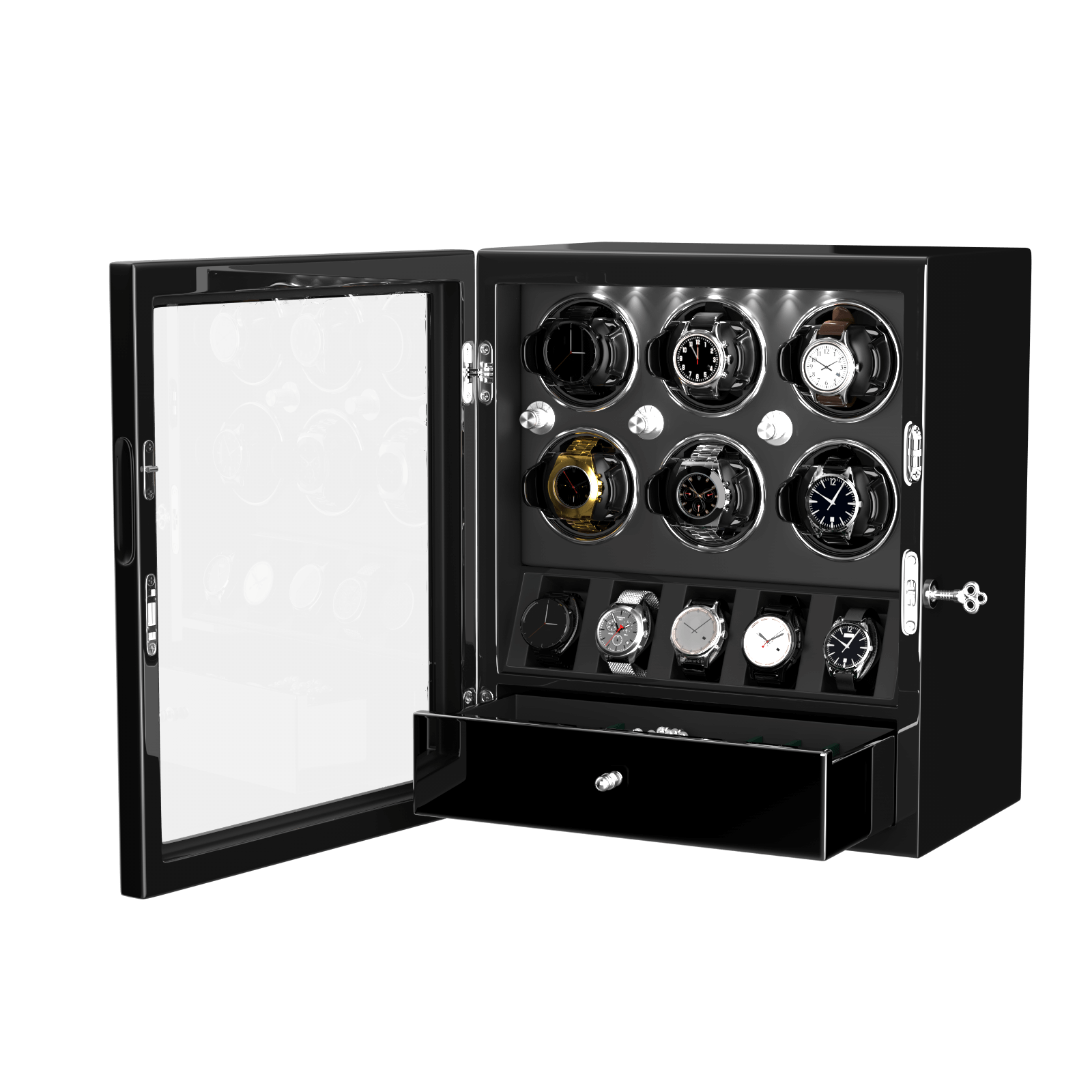 Compact 6 Watch Winders with 5 Watches Organizer Storage Space Quiet Mabuchi Motor