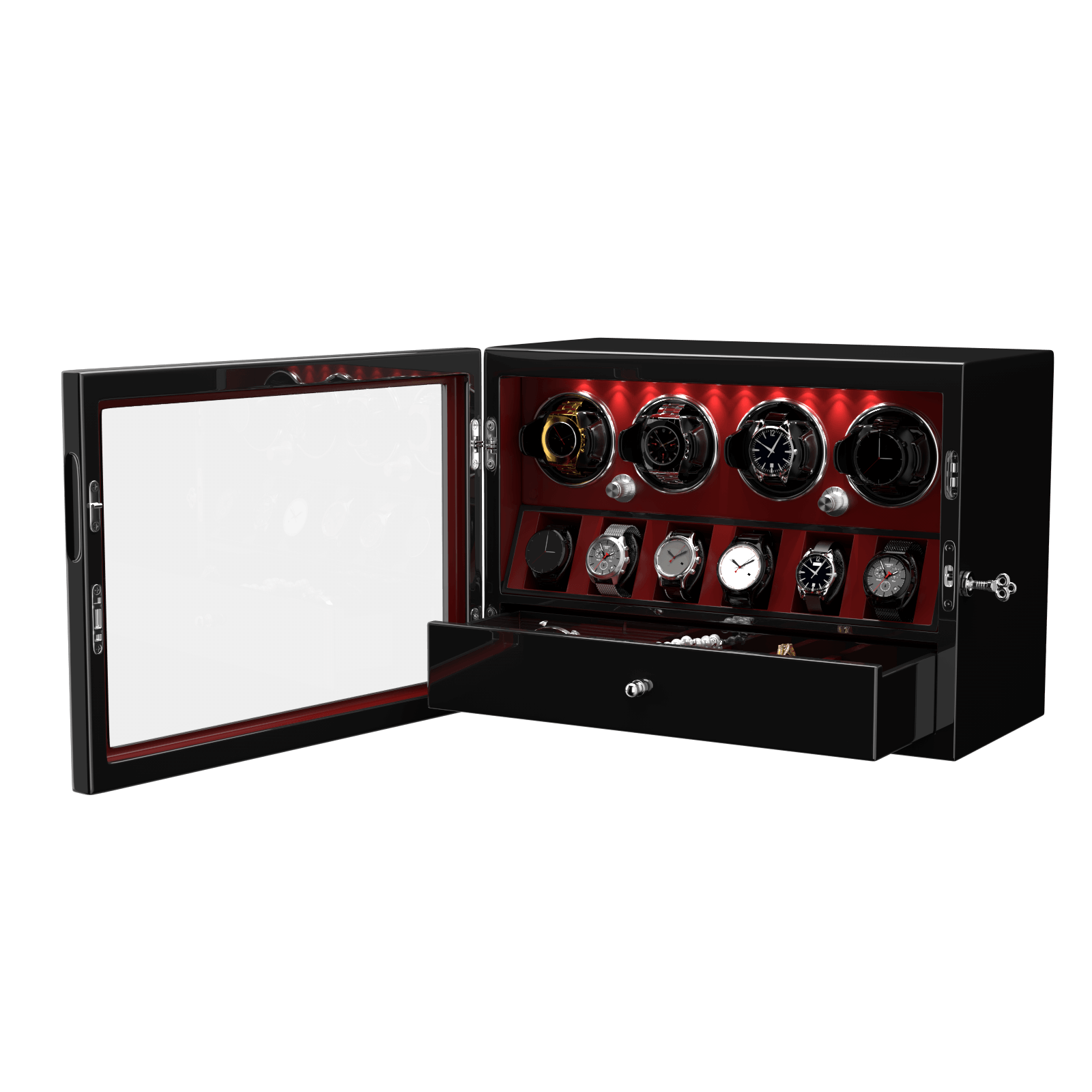 4 Watch Winders for Automatic Watches with 6 Watches Display Organizer - Red