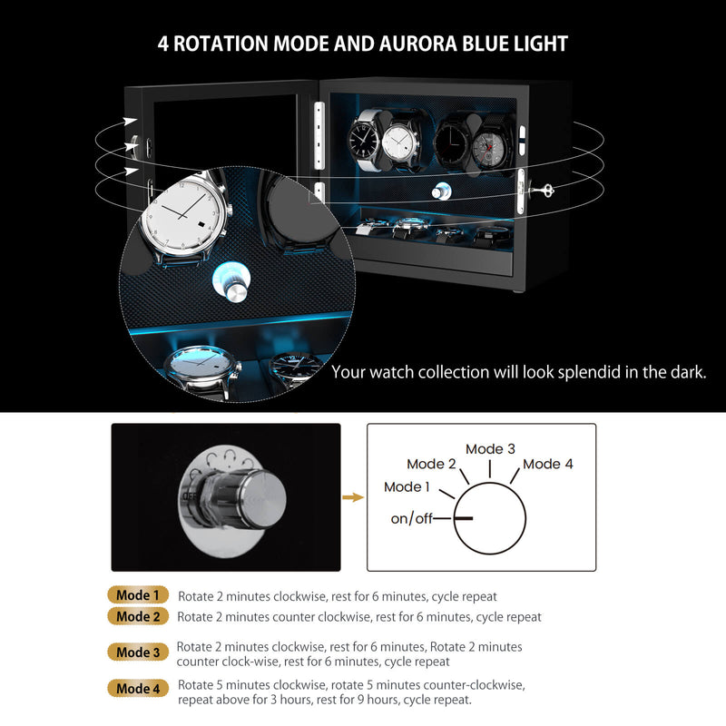Automatische Uhrenbeweger mit mehreren Steckplätzen, aurorablauer Hintergrundbeleuchtung und Schaumstoffpolster