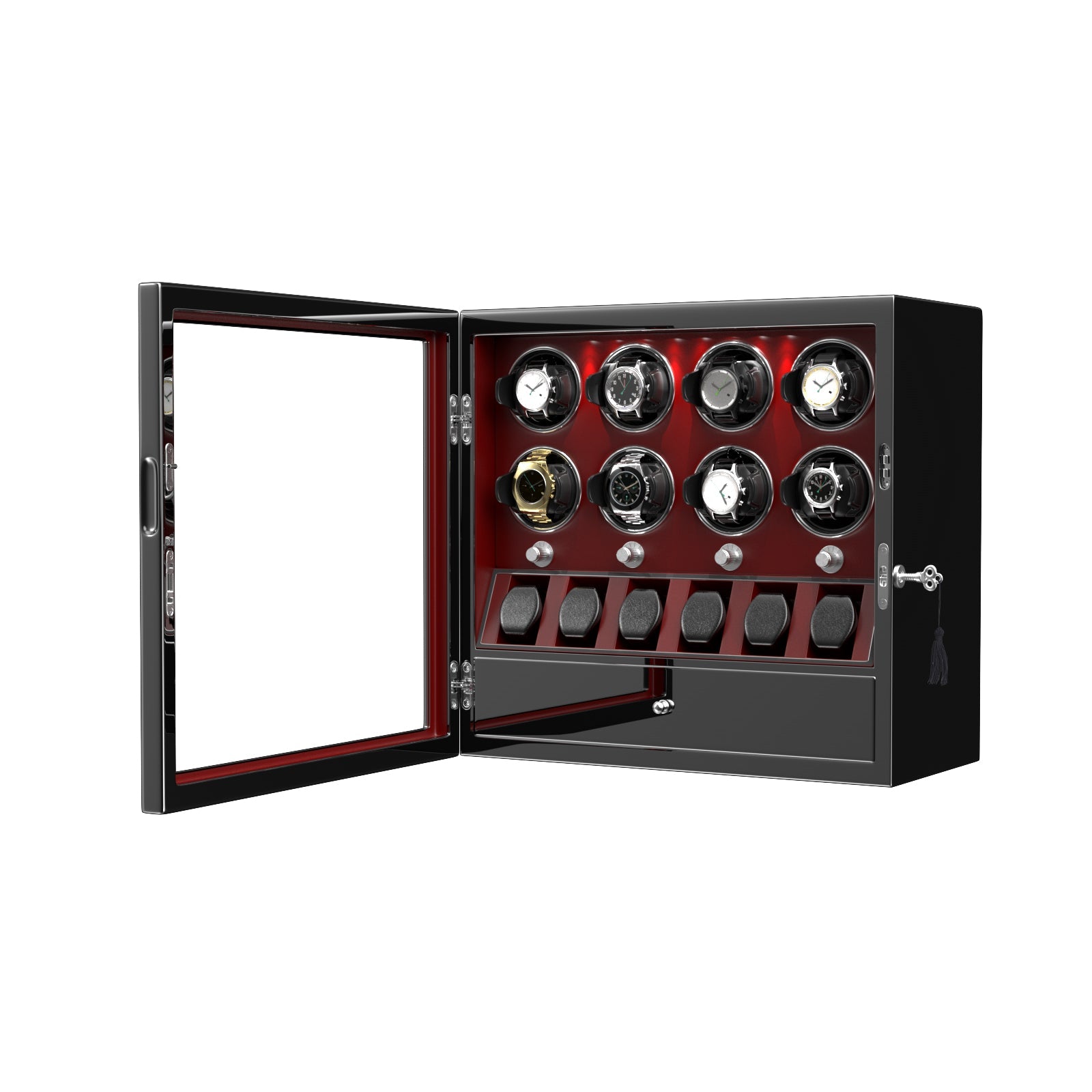 8 Watch Winders with 6 Watches Organizer Case Automatic Rotation - Red