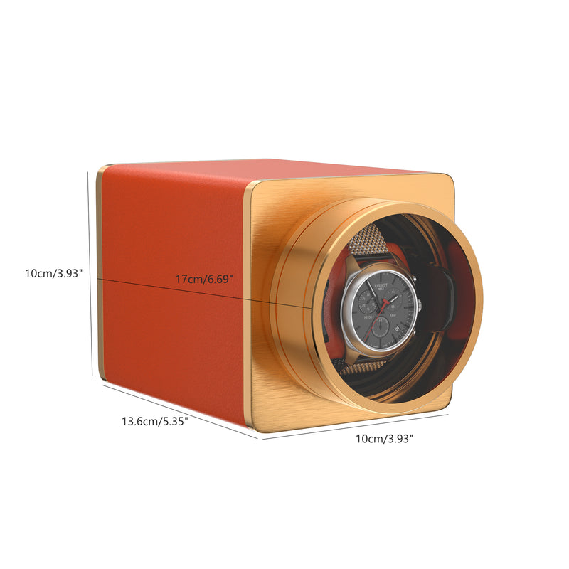 Single Watch Winder for Automatic Watches Vegan Leather Quiet Mabuchi Motors for Travel-Orange