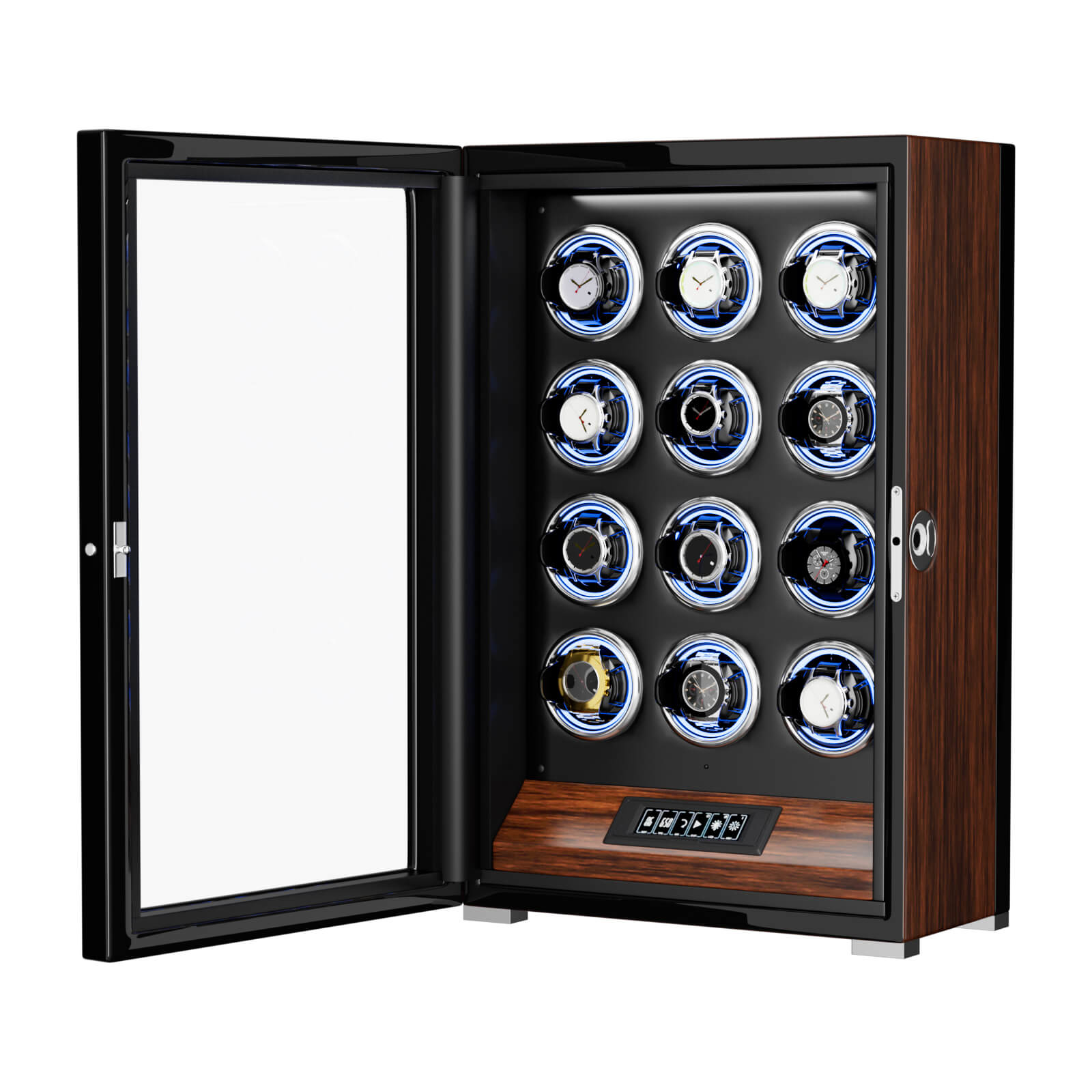 12 avvolgitori per orologi con sblocco tramite impronta digitale, luce RGB, telecomando LCD, motore ultra silenzioso - Noce