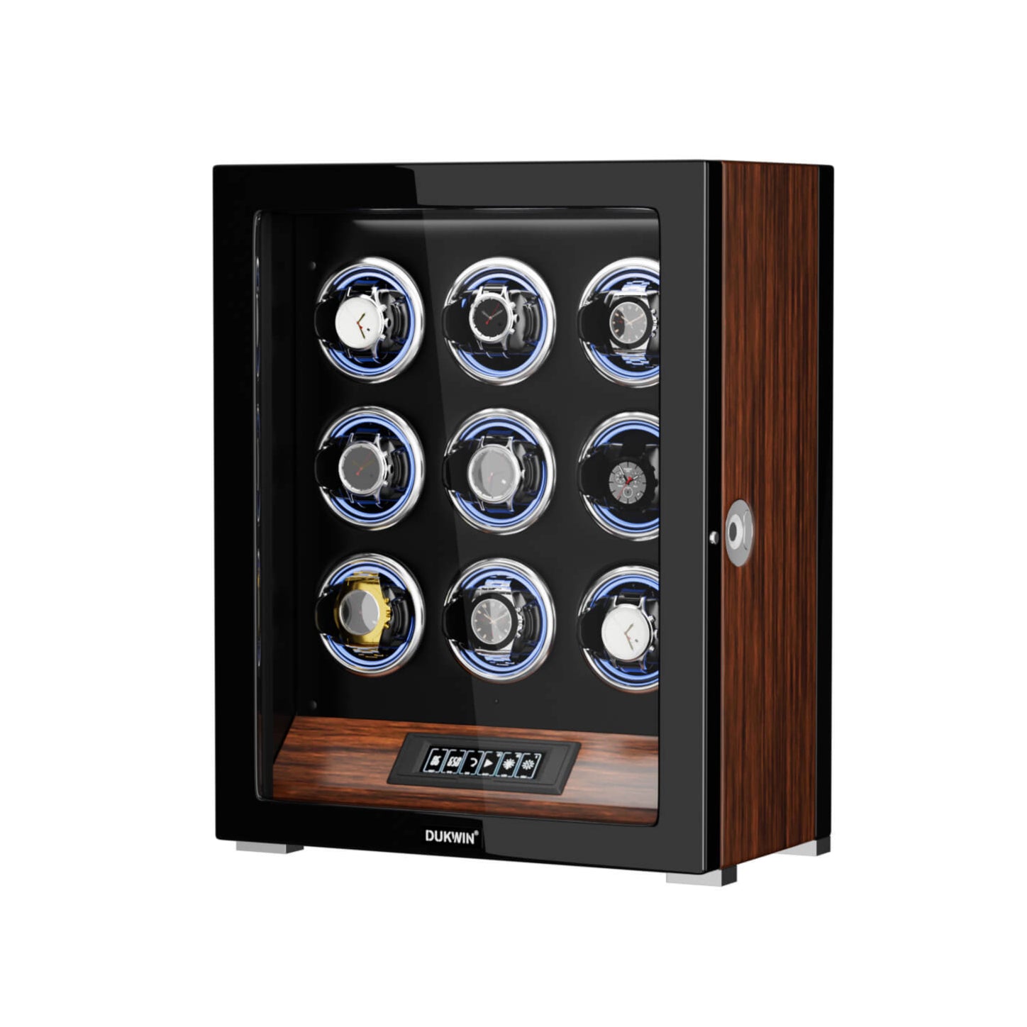 9 Watch Winders with Fingerprint Unlock RGB Light LCD Remote Control Ultra Quiet Motor - Walnut