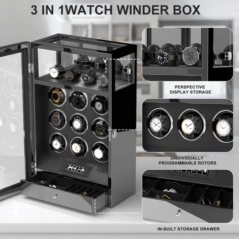 Patented Design 9 Watch Winders with 4 Watch Holders Fingerprint Lock - Black