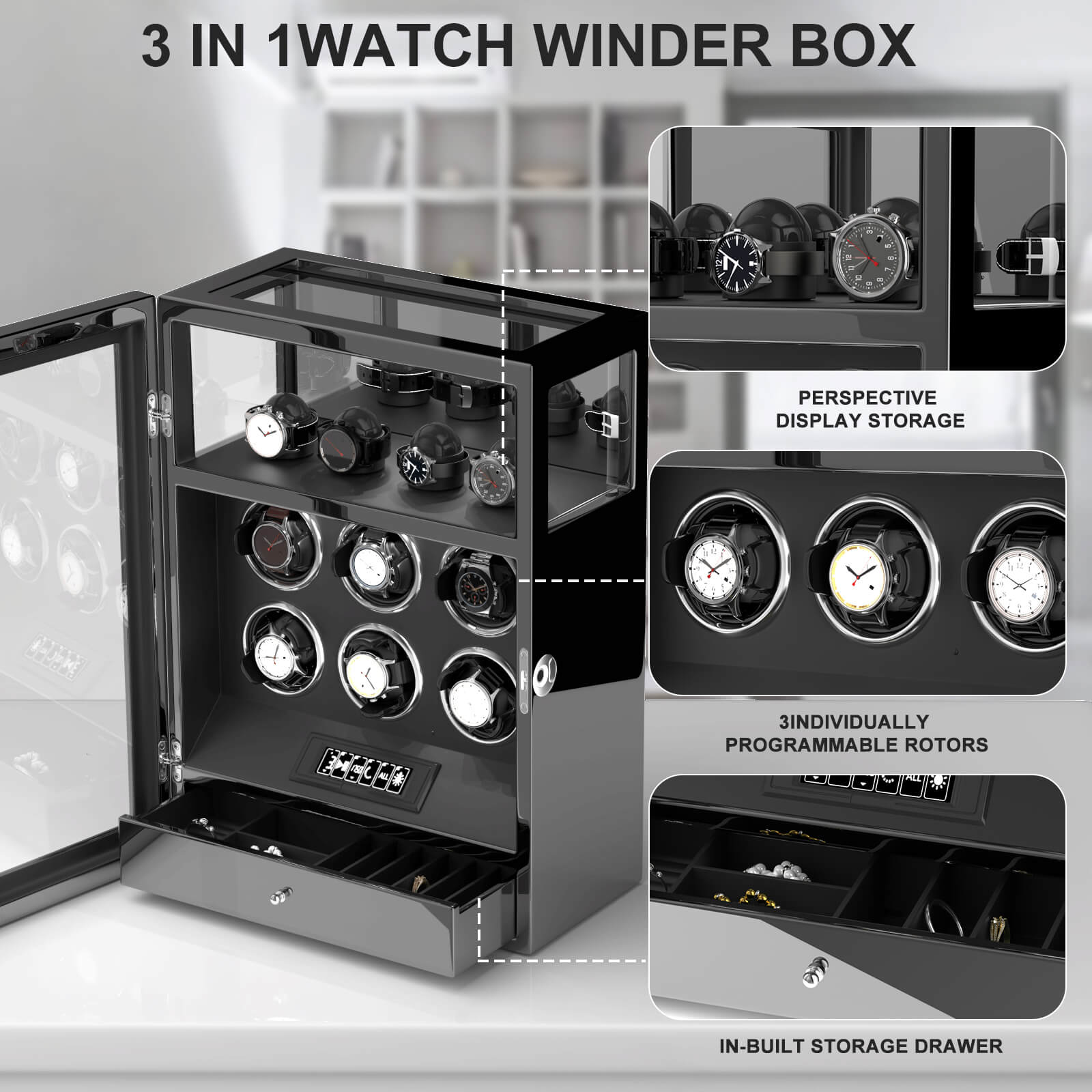 Fingerprint Lock 6 Watch Winders with Extra Watches Storage