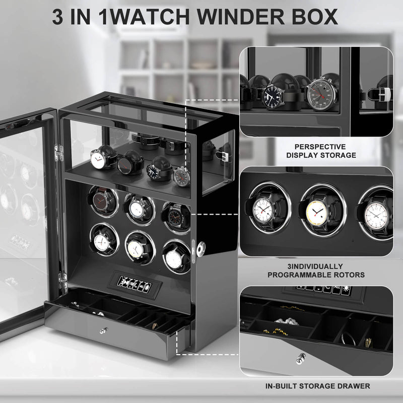 Fingerprint Lock 6 Watch Winders with Extra Watches Storage LCD Remote Control - Black