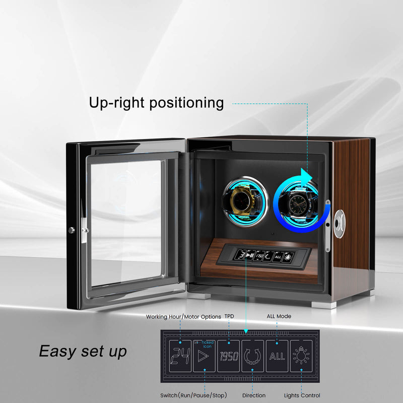2 remontoirs de montres avec entrée d'empreinte digitale, écran LCD lumineux RVB, moteurs Mabuchi silencieux - Noyer