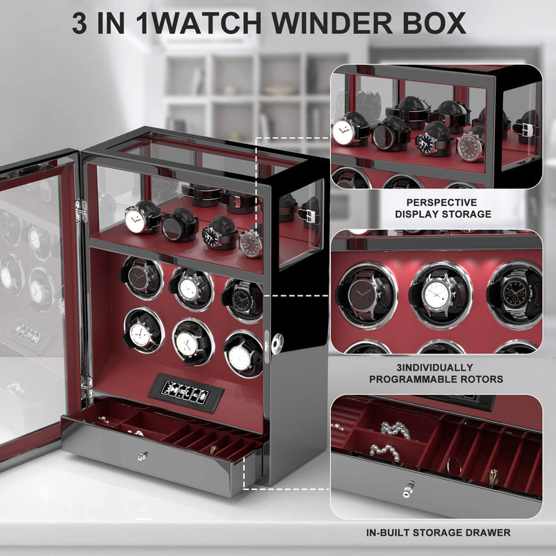 Fingerprint Lock 6 Watch Winders with Extra Watches Storage LCD Remote Control - Red
