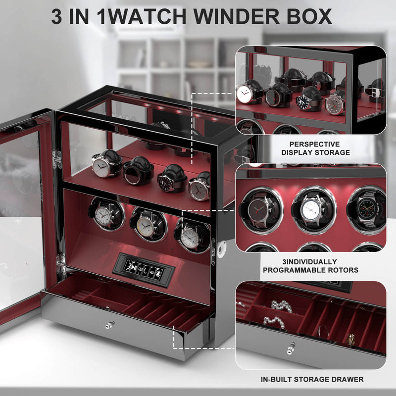 3 Watch Winders with 4 Watch Holders with Fingerprint Lock LCD Remote Control Quiet Motor