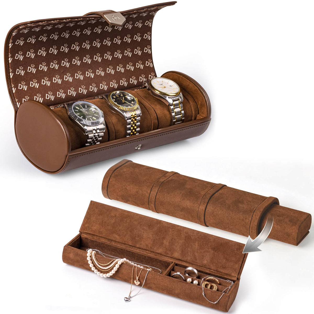 Vegan Leather Triple Watch Roll Travel Case with Hidden Jewelry Capsule - Brown