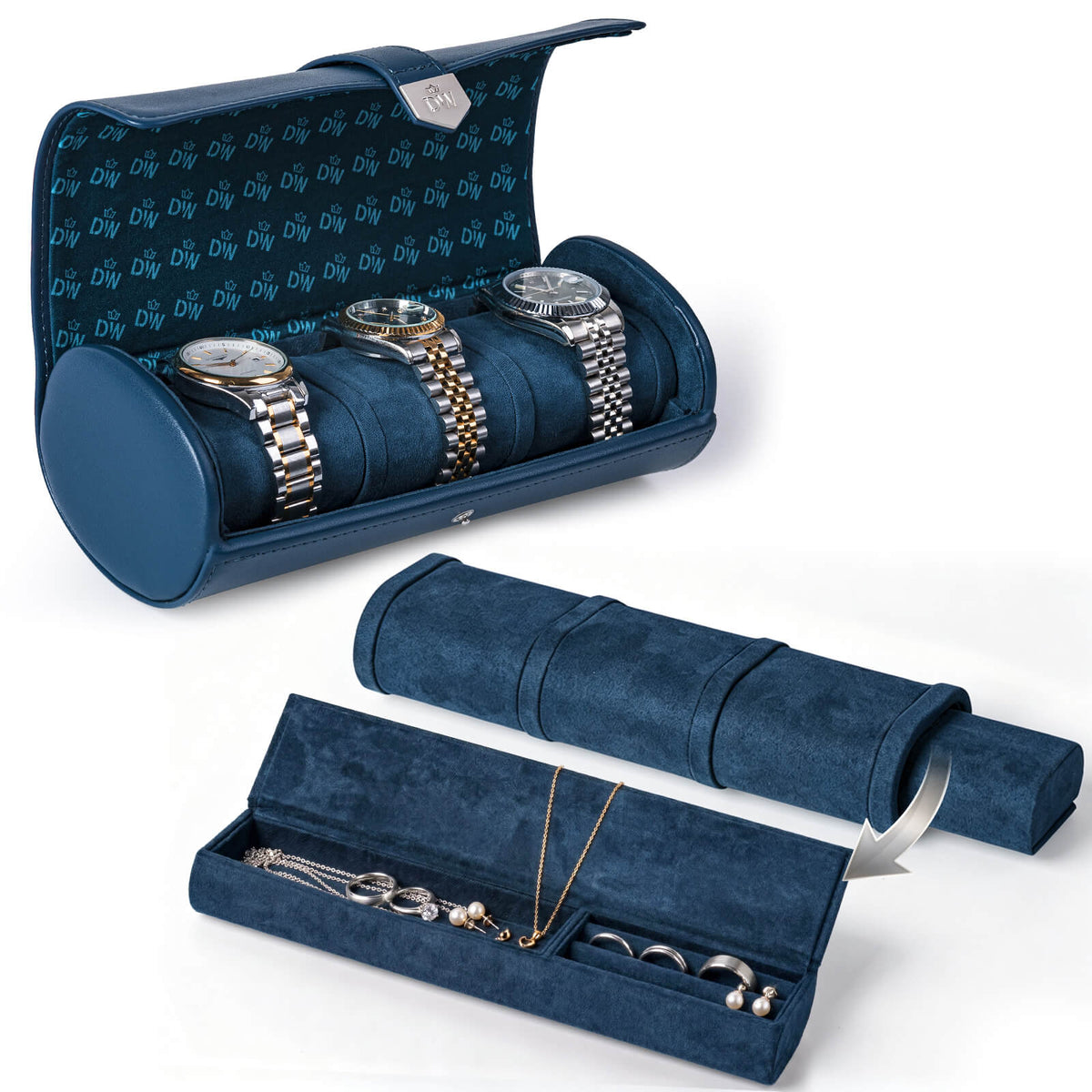 Vegan Leather Triple Watch Roll Travel Case with Hidden Jewelry Capsule - Blue