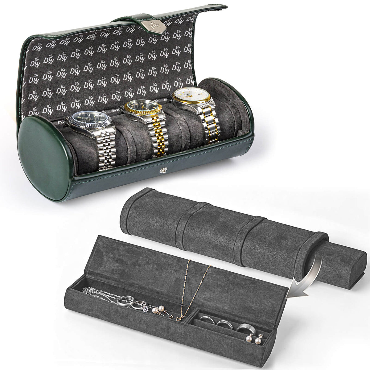 Vegan Leather Triple Watch Roll Travel Case with Hidden Jewelry Capsule - Green