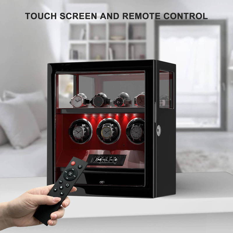 Fingerprint Lock 3 Watch Winders with Extra Watches Storage LCD Remote Control - Red