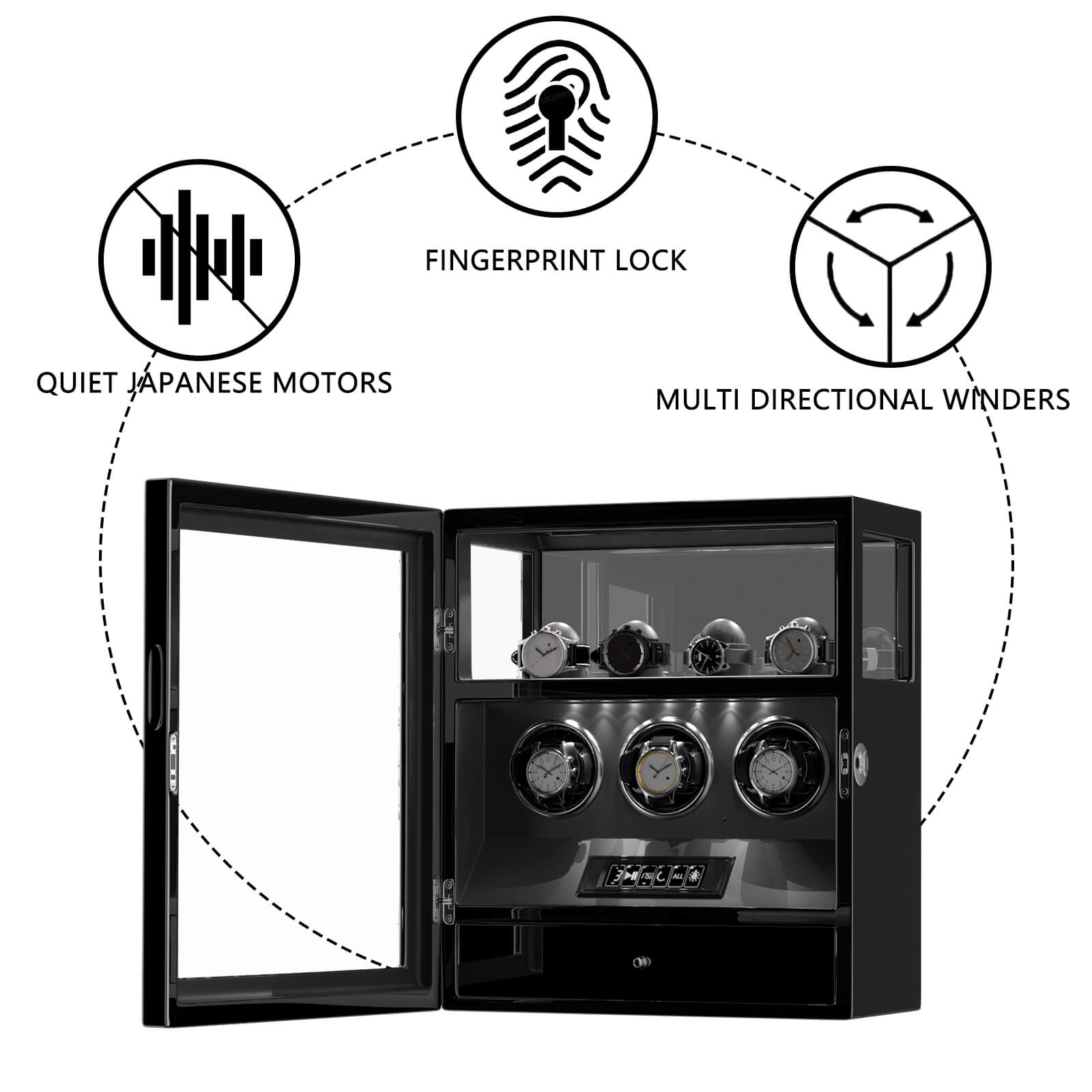 Fingerprint Lock 3 Watch Winders with Extra 4 Watches Storage LCD