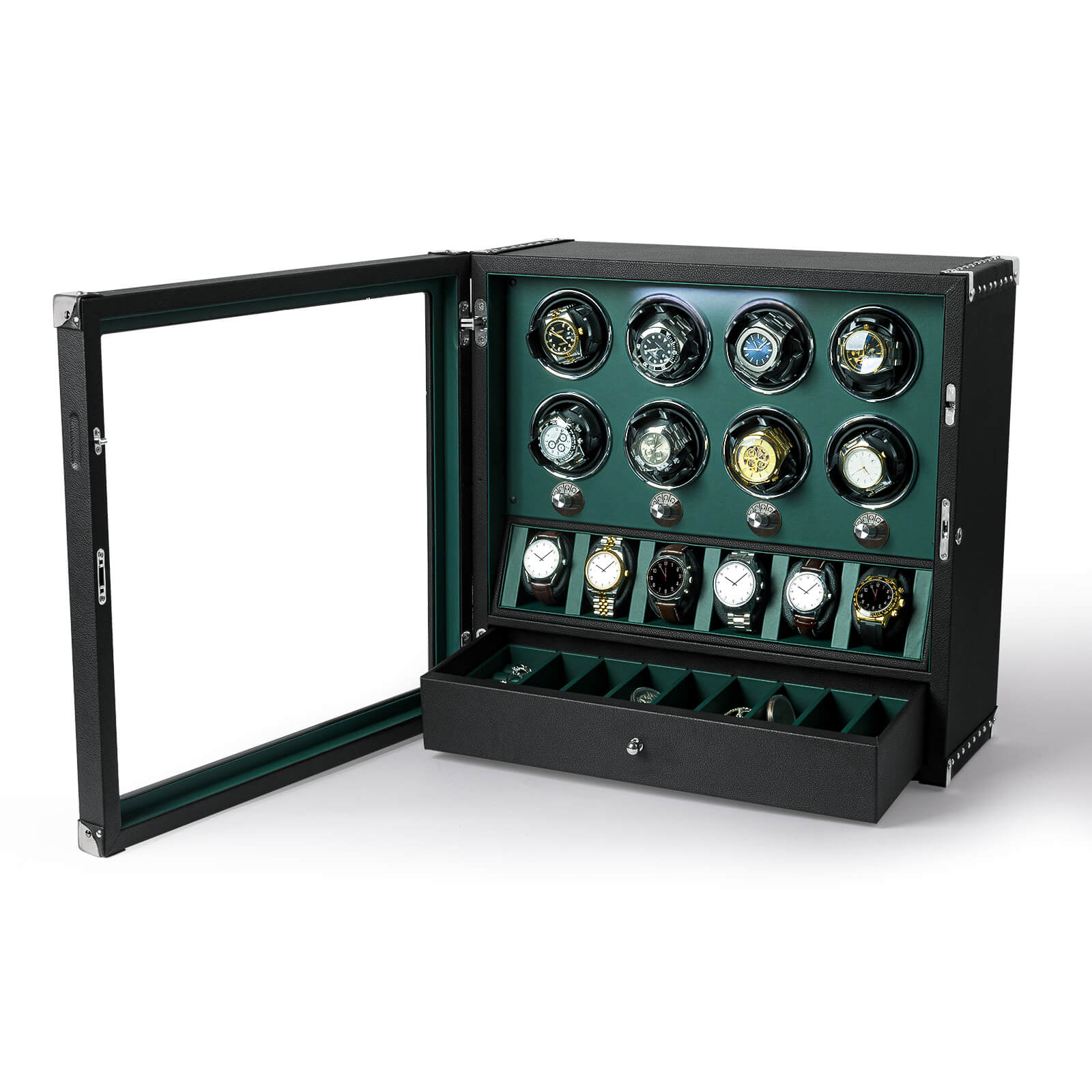 4 remontoirs de montres pour montres automatiques avec organisateur d'affichage de 6 montres - Vert