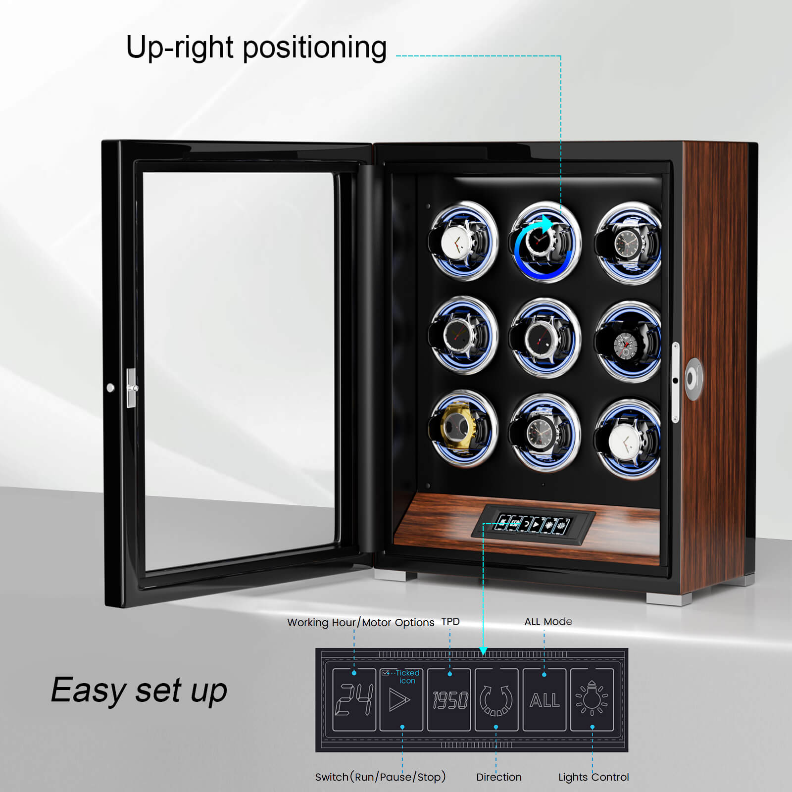 9 Watch Winders with Fingerprint Unlock RGB Light LCD Remote Control Ultra Quiet Motor - Walnut