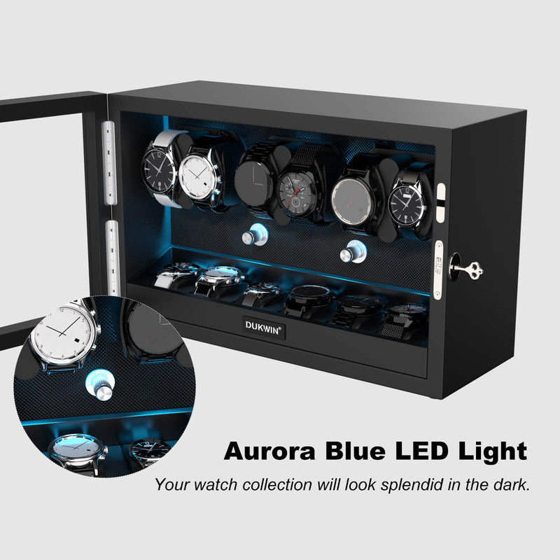 Remontoir 6 + 6 montres avec rangements supplémentaires Moteurs silencieux Aurora Blue Light - Noir