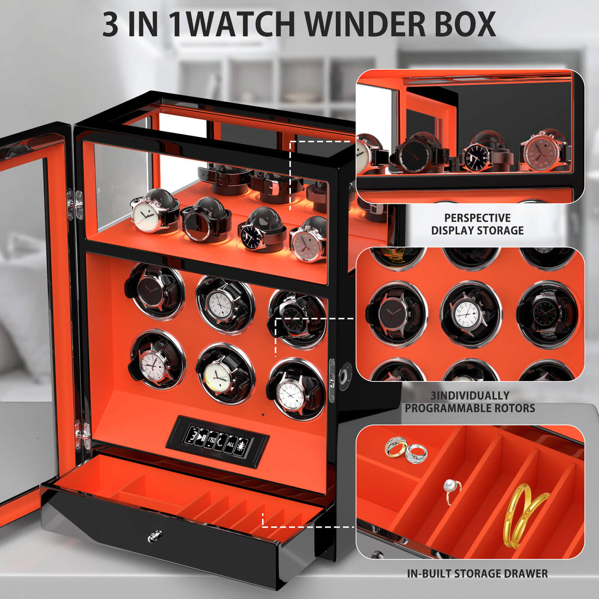 Fingerprint Lock 6 Watch Winders with Extra Watches Storage LCD Remote ...
