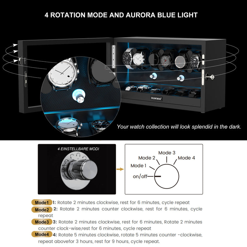 6 + 6 Uhrenbeweger mit zusätzlichem Stauraum, leise Motoren mit Aurora-Blaulicht – Schwarz
