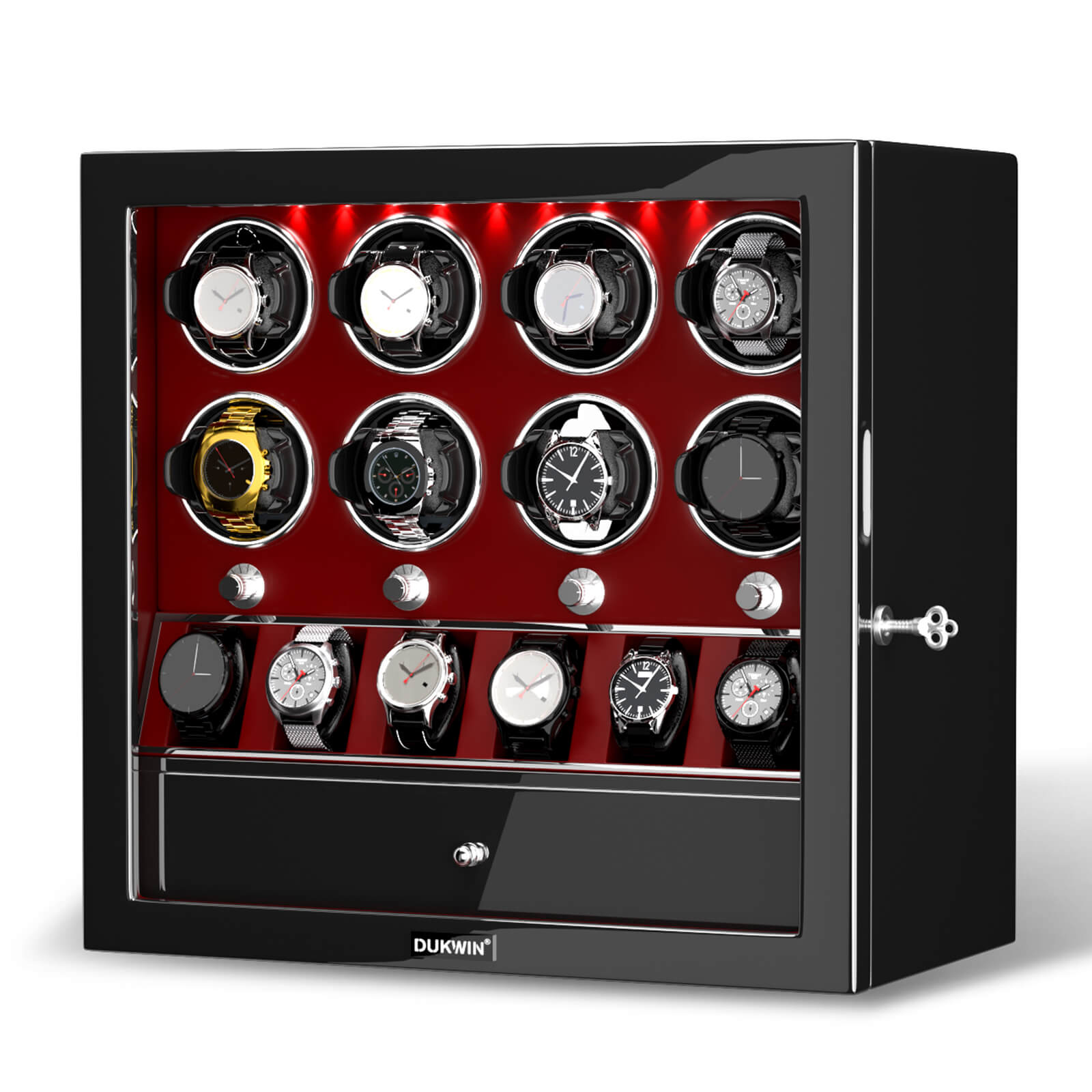 8 Watch Winders with 6 Watches Organizer Case Automatic Rotation - Red