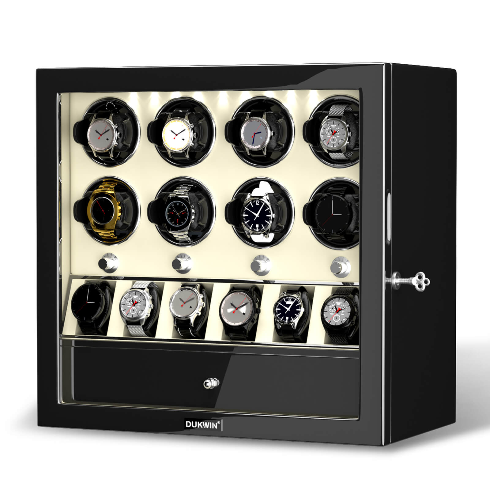 Compact 8 Watch Winders with 6 Watches Large Storage Space Quiet Mabuchi Motor - Off-white