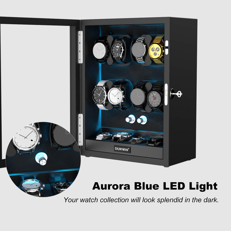 Uhrenbeweger für 8 + 4 Uhren mit zusätzlichem Stauraum, leise Motoren mit Aurora-Blaulicht – Schwarz