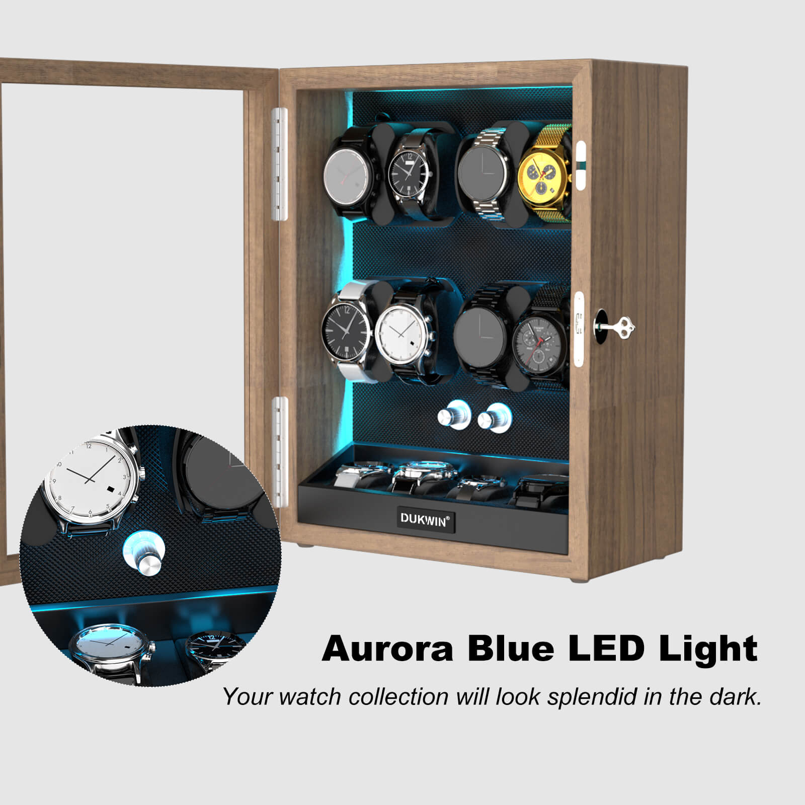 8 4 Watch Winder with Extra Storages Aurora Blue Light Quiet Motors DUKWIN