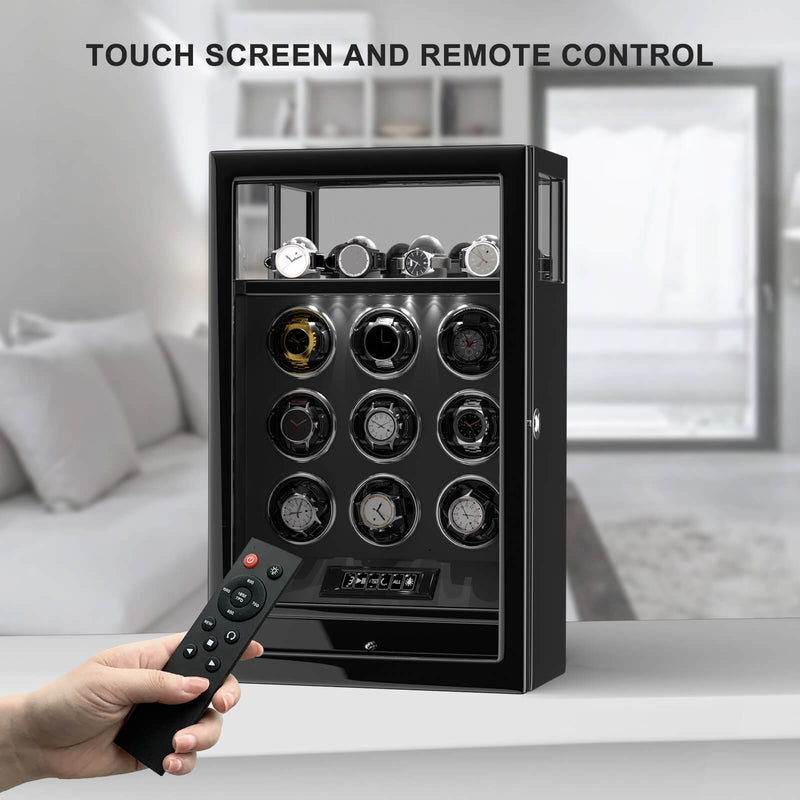 Fingerabdruck-Schloss, 9 Uhrenbeweger mit 4 Uhrenhaltern, Aufbewahrung, LCD-Fernbedienung – Schwarz