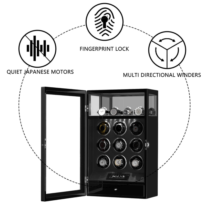 Fingerprint Lock 9 Watch Winders with 4 Watch Holders Storage LCD Remote Control - Black