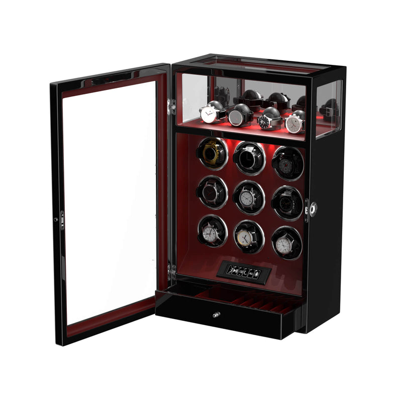 Fingerabdruck-Schloss, 9 Uhrenbeweger mit 4 Uhrenhaltern, Aufbewahrung, LCD-Fernbedienung – Rot