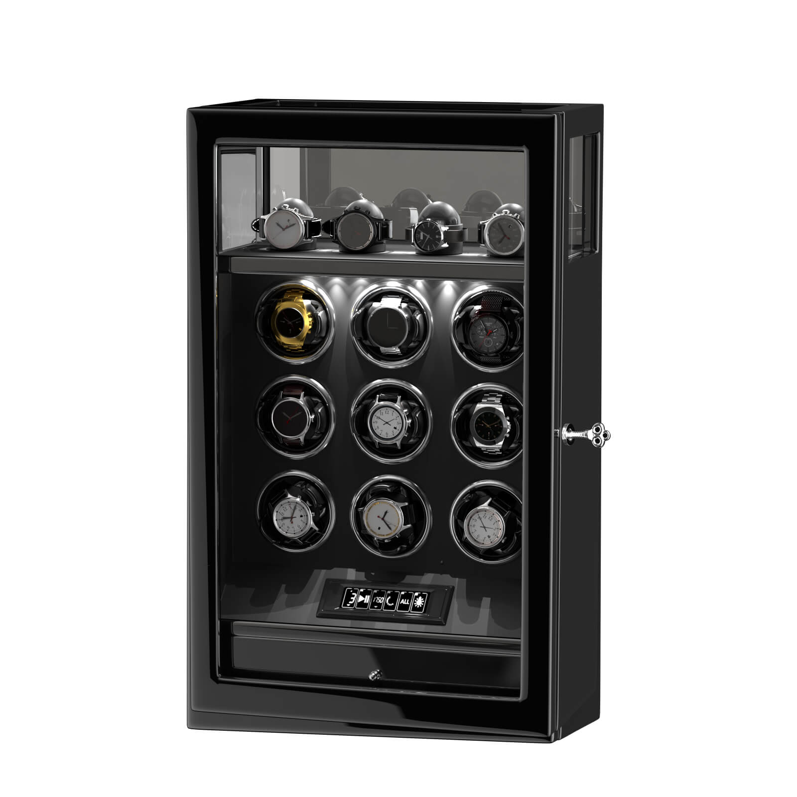 9 Watch Winders with 4 Watch Holder Organizer Display Case with key lock - Black