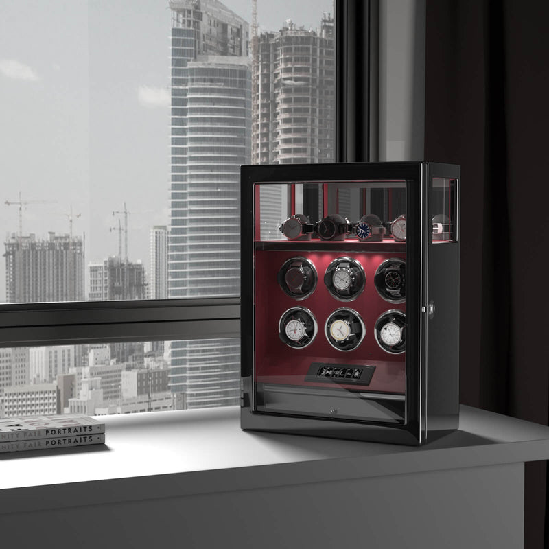 Fingerabdruck-Schloss, 6 Uhrenbeweger mit zusätzlicher Uhrenaufbewahrung, LCD-Fernbedienung – Rot