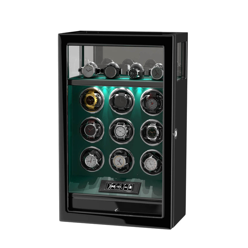 Fingerprint Lock 9 Watch Winders with 4 Watch Holders Storage LCD Remote Control - Green