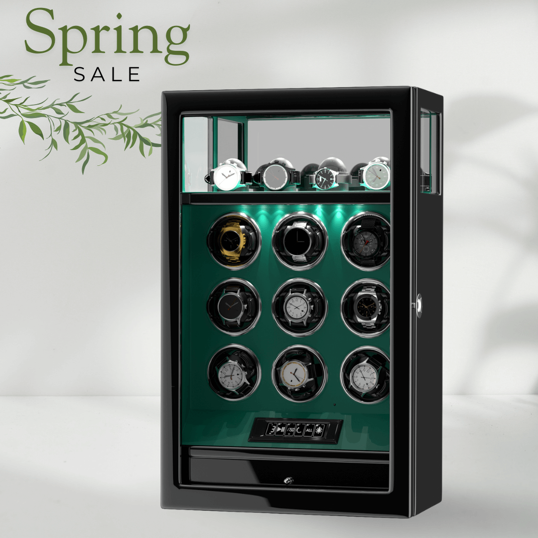 Fingerprint Lock 9 Watch Winders with 4 Watch Holders Storage LCD Remote Control - Green