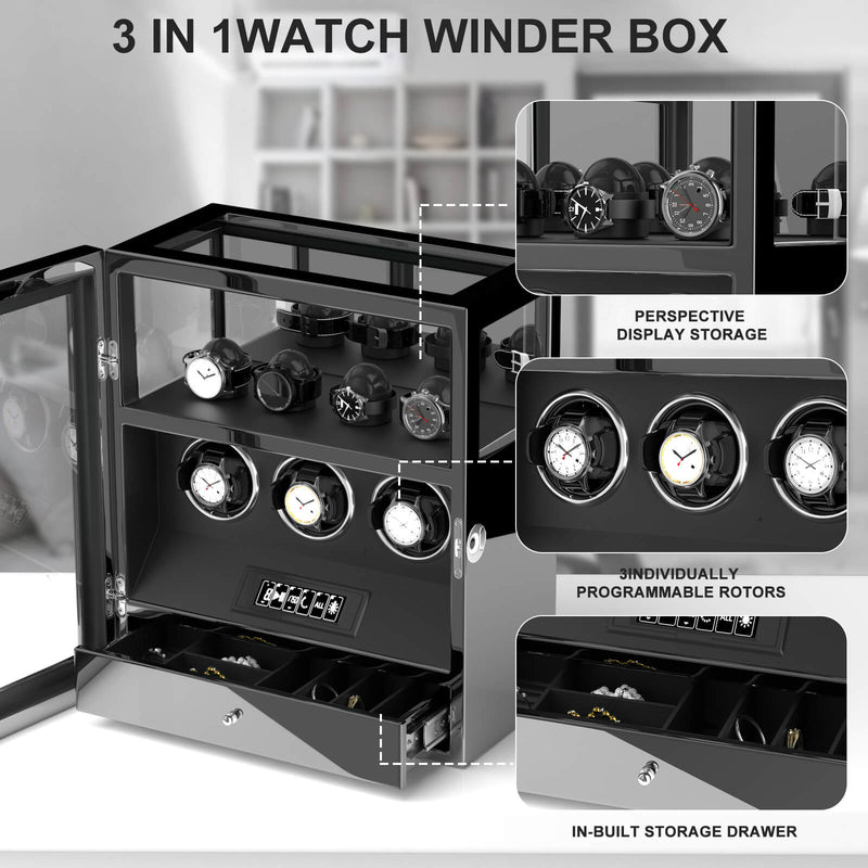 Fingerabdruck-Schloss, 3 Uhrenbeweger mit zusätzlicher Aufbewahrung für 4 Uhren, LCD-Fernbedienung – Schwarz