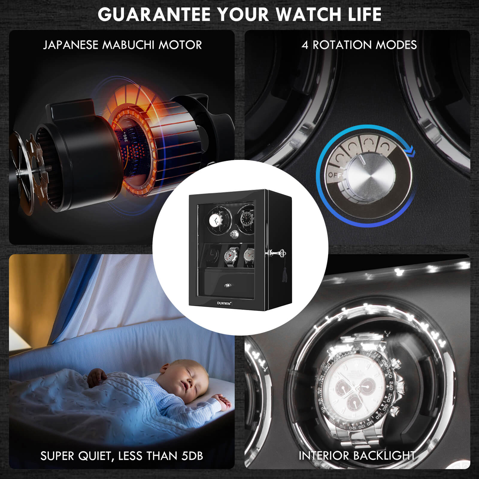 Classic 2 Watch Winders with 3 Watches Display Organizer - Black