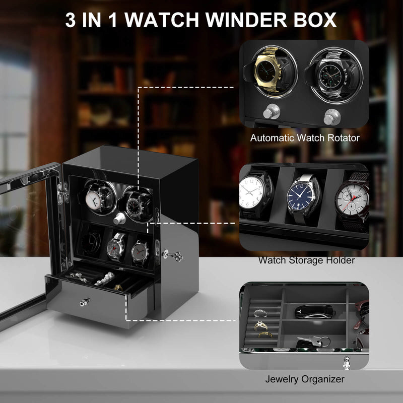 Classic 2 Watch Winders with 3 Watches Display Organizer