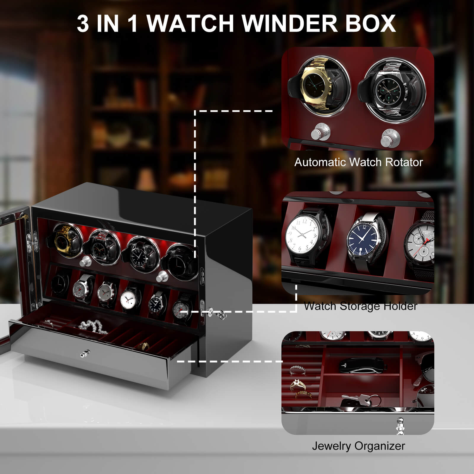 4 Watch Winders for Automatic Watches with 6 Watches Display Organizer ...