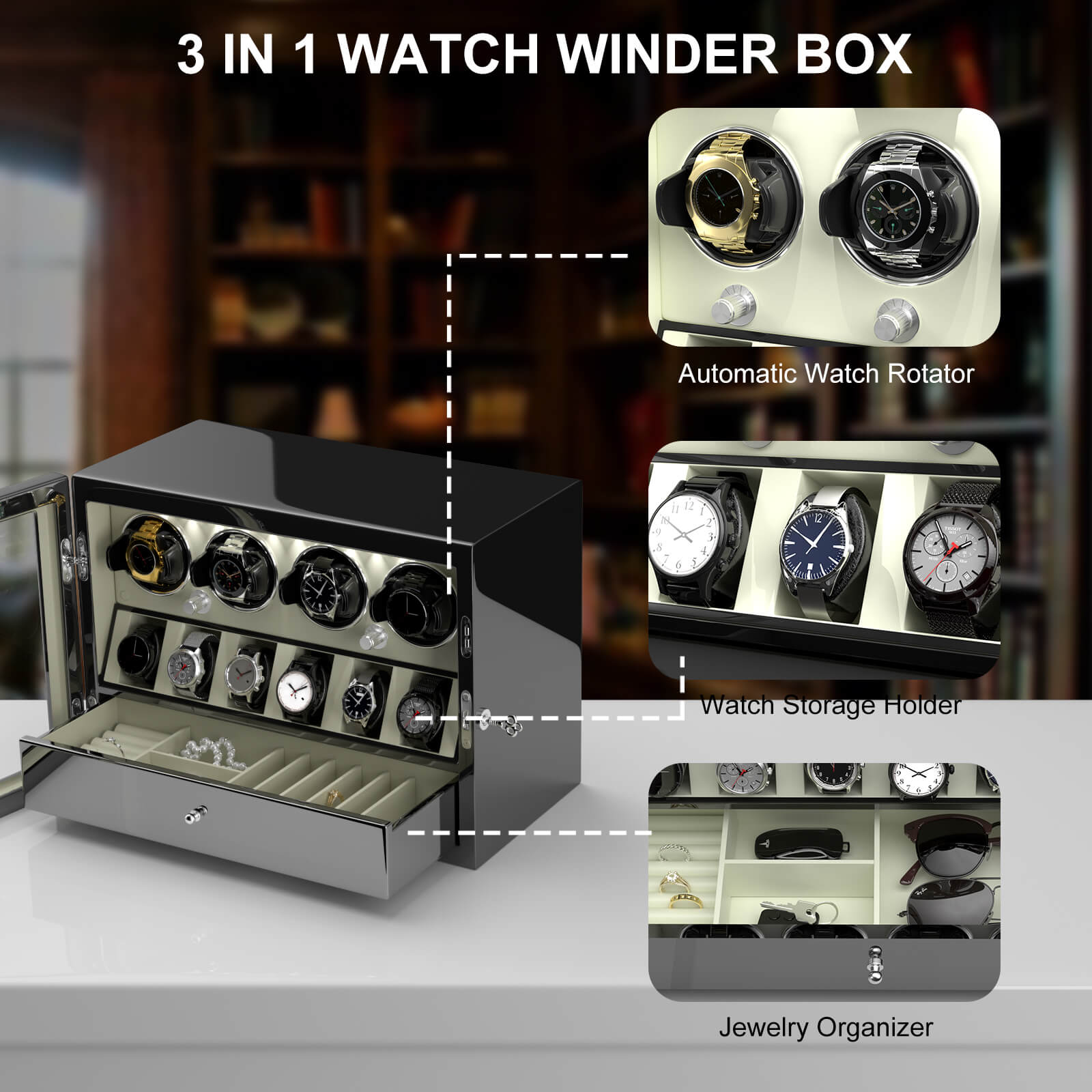 4 Watch Winders For Automatic Watches With 6 Watches Display Organizer 4 Watch Winders For Automatic Watches With 6 Watches Display Organizer