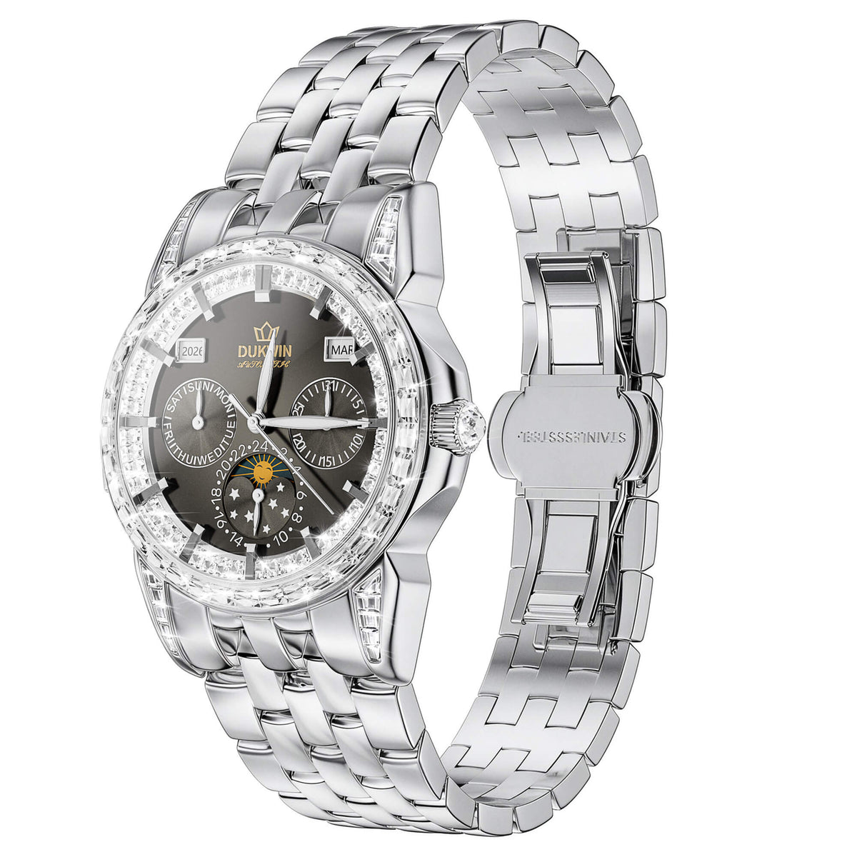 Midnight Eclipse - 106 Zirconia Automatic Watch with Moonphase l Bonus Precision Winder Included