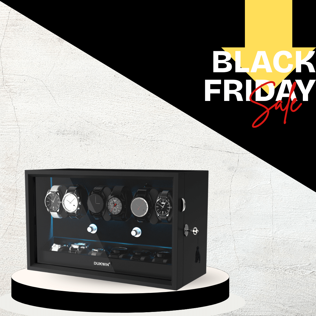 6 + 6 Watch Winder with Extra Storages Aurora Blue Light Quiet Motors - Black