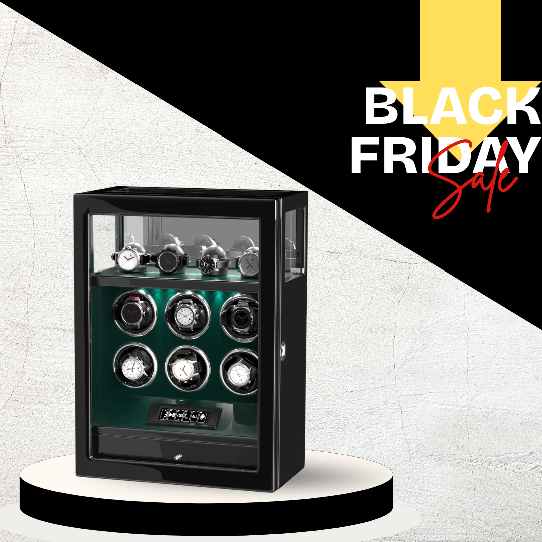 Fingerprint Lock 6 Watch Winders with Extra Watches Storage LCD Remote Control - Green