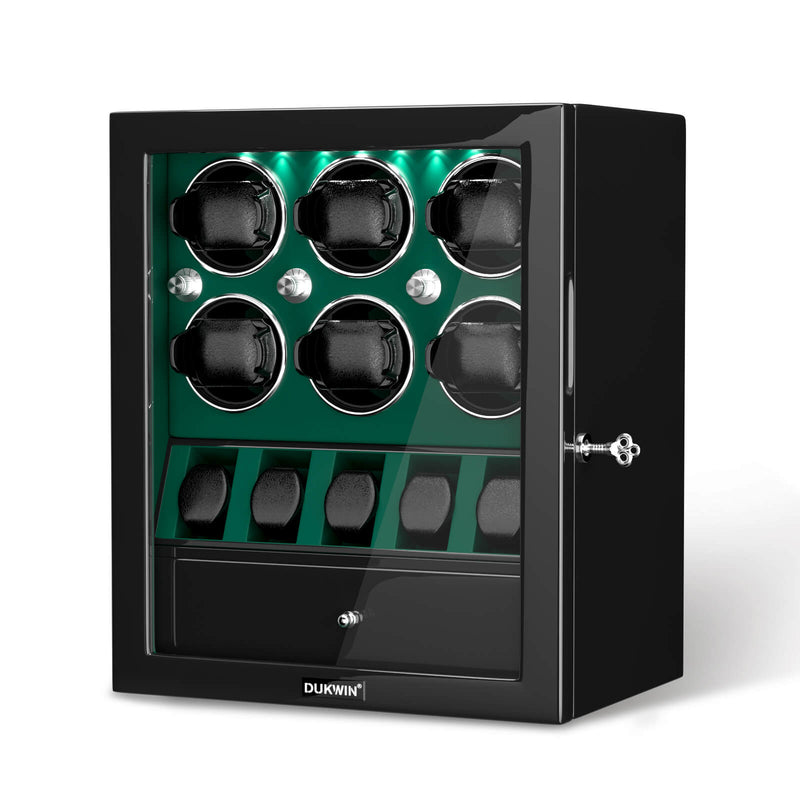 Classic 6 Watch Winders for Automatic Watches with 5 Watches Display Organizer - Green