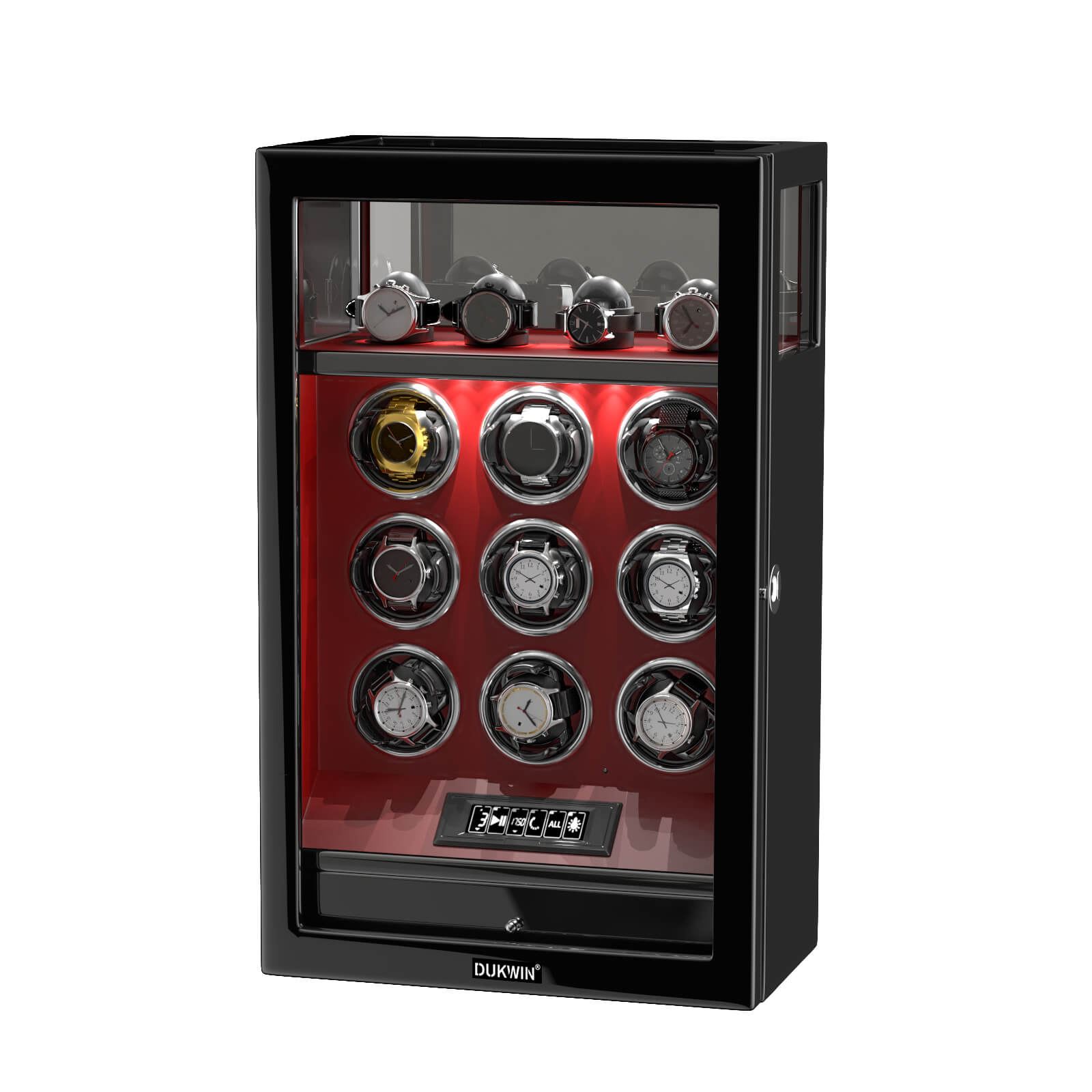 Fingerprint Lock 9 Watch Winders with 4 Watch Holders Storage LCD Remote Control - Red
